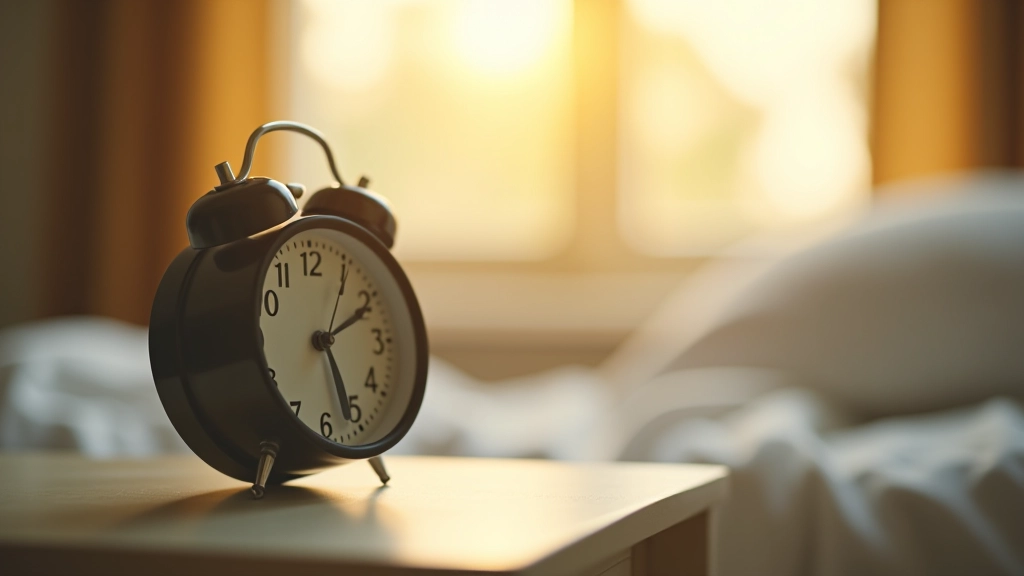 Primo piano di una sveglia che mostra le 7 del mattino su un comodino con luce naturale che entra dalla finestra