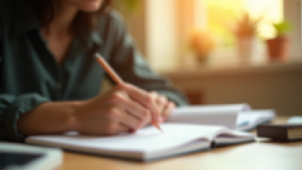 Mano che scrive in un quaderno con una matita su una scrivania ordinata con una tazza di tè