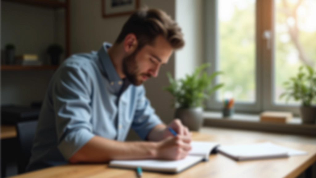 Persona che scrive in un journal, tracciamento dell'abitudine con penna e carta, ambiente ordinato