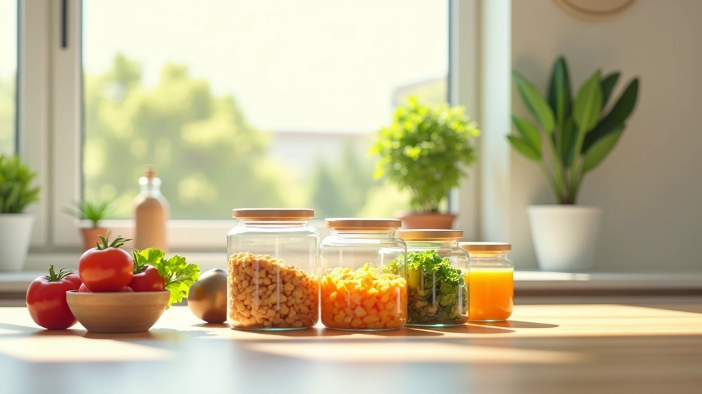 Cucina moderna con contenitori trasparenti e ingredienti sani in primo piano sulla superficie di lavoro