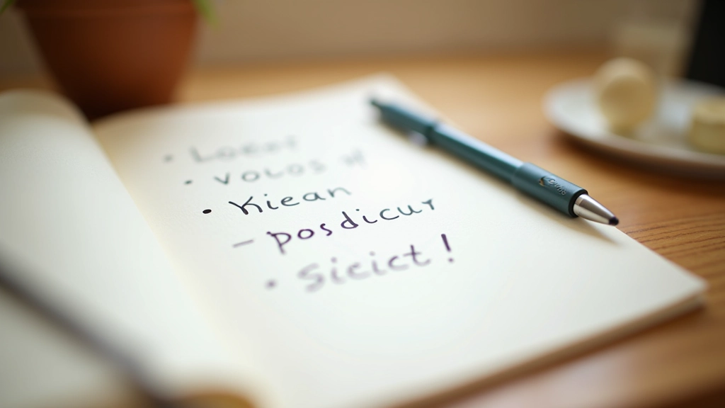 Quaderno aperto con note scritte a mano, testo positivo affermativo, luce soffusa naturale