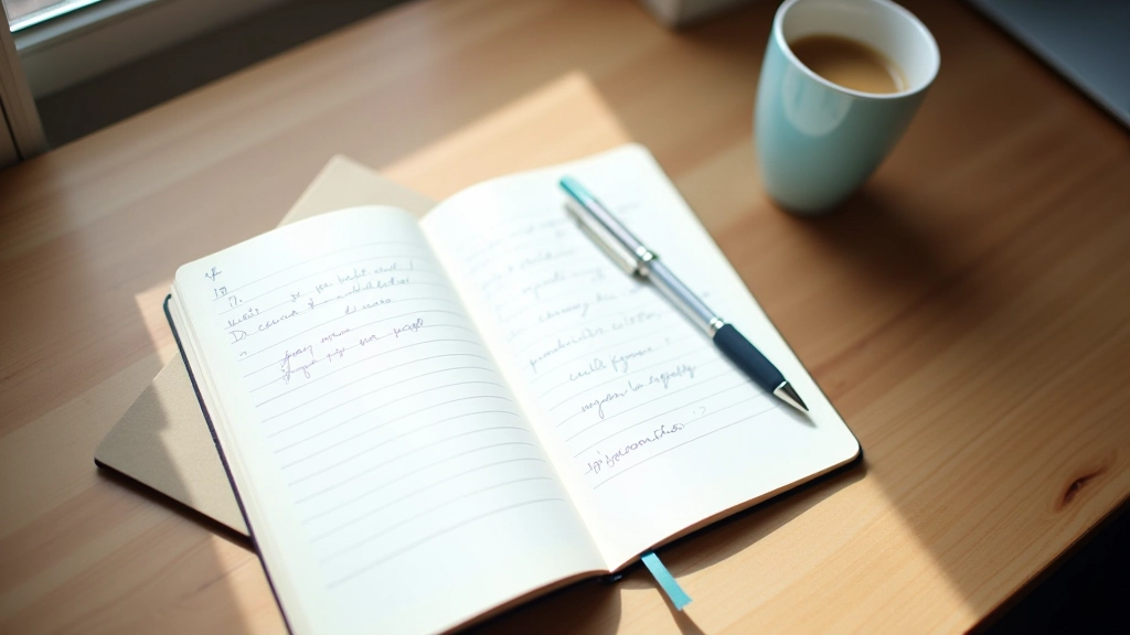 Notebook aperto con annotazioni su una scrivania di legno accanto a una tazza di caffè