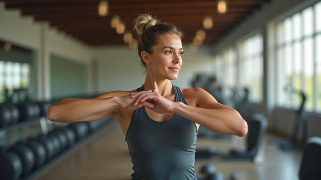 Persona che fa stretching in una palestra moderna con attrezzi sullo sfondo e finestre luminose