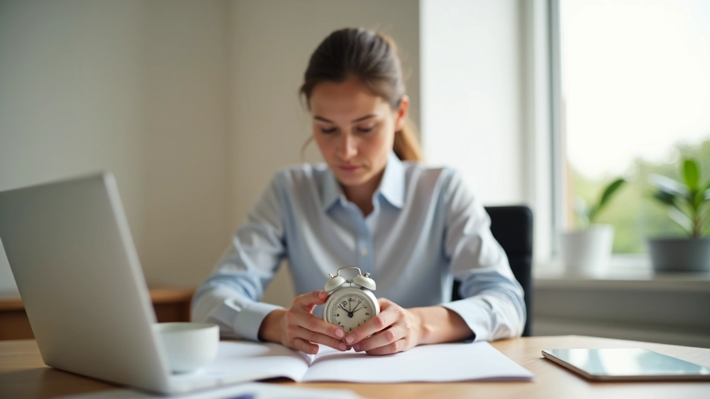 Persona seduta alla scrivania con cronometro, ambiente luminoso e ordinato