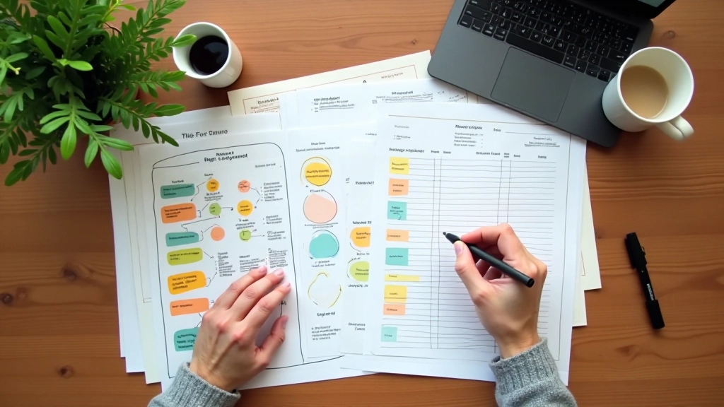 Schemi e mappe mentali su una scrivania con colori naturali