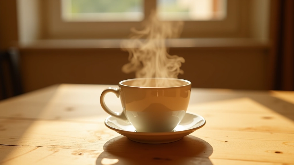 Tazza di caffè fumante su un tavolo di legno con una finestra soleggiata sullo sfondo, primo piano caldo