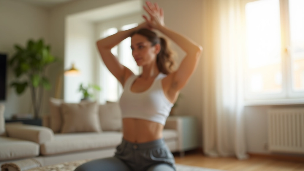 Persona che inizia a fare stretching a casa, momento di inizio di una nuova abitudine, atmosfera positiva